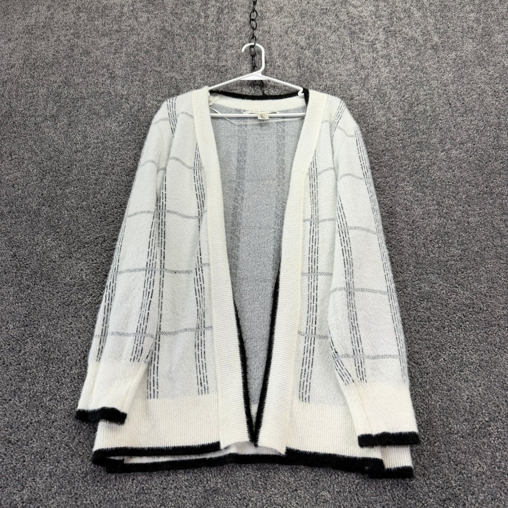 Max Studio Cardigan Womens Large White Plaid Fuzzy Open Front Knit Sweater Long